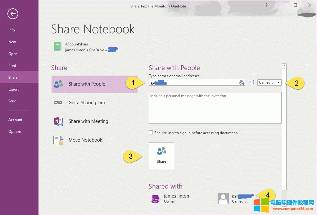 用戶 A: 在 OneNote 2016 中共享一個筆記本給用戶 B