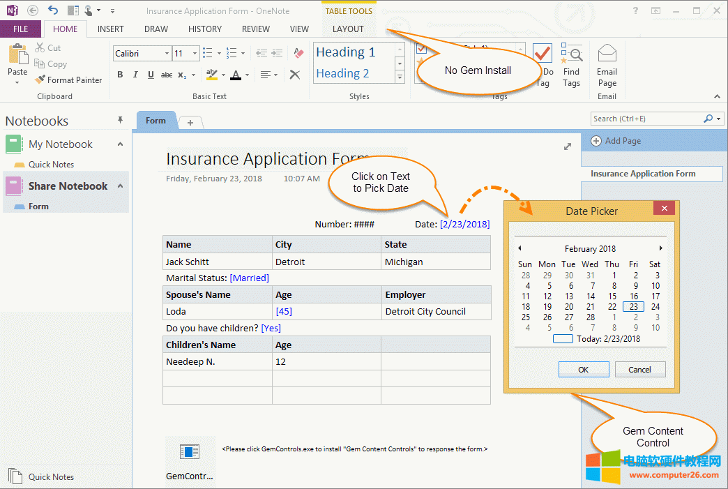 被調查者使用內容控件來填寫表單（OneNote 2013）