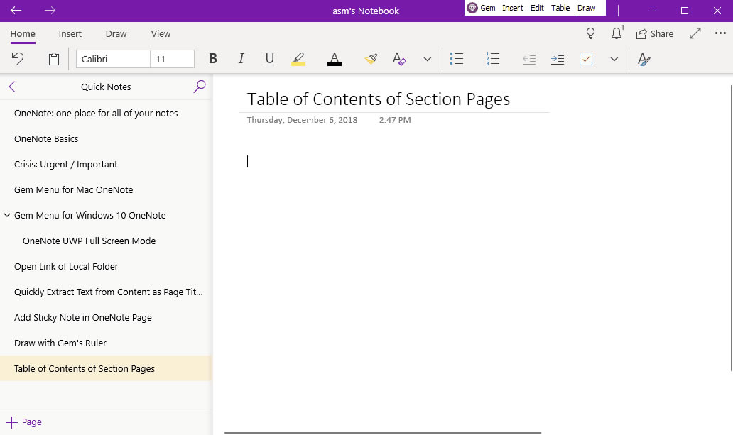 使用珍寶菜單來為 OneNote for Windows 10 的分區做頁面目錄大綱。