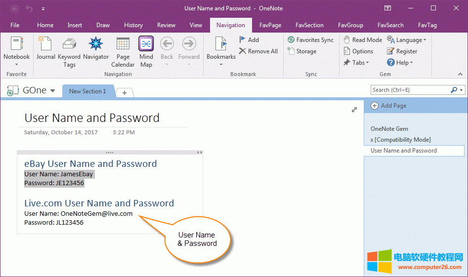 存放在 OneNote 里的用戶名、密碼存放格式